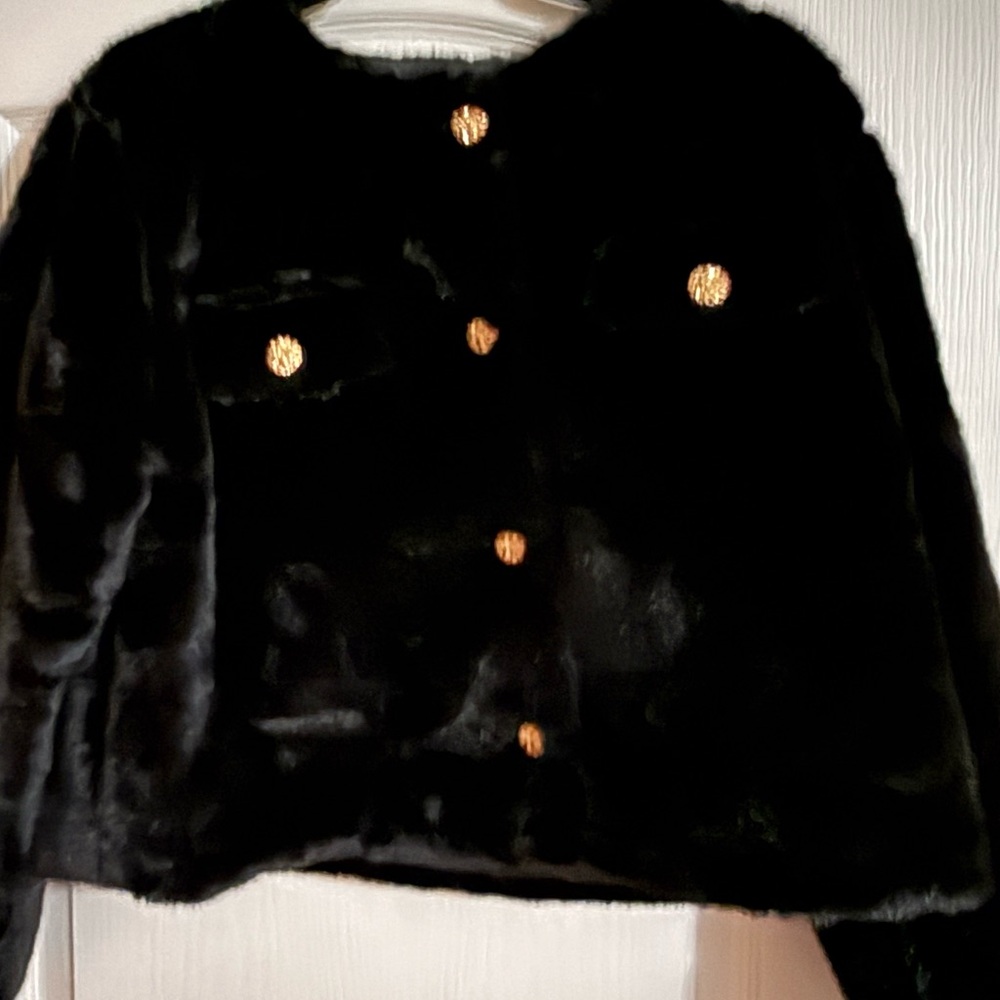 Black Faux Fur 100% Polyester Jacket with Gold Buttons One Size